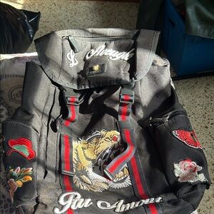 Black used Backpack with Tiger and Floral Embroidery
